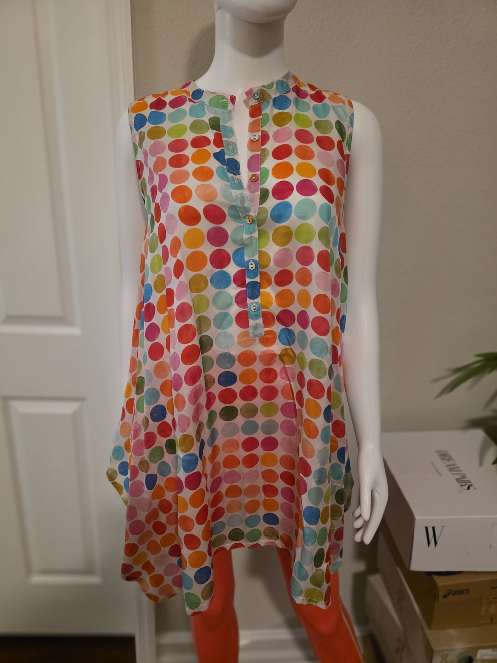 Johnny Was Pete&Greta 100% Silk Sleeveless Polka Dot Asymmetric Colorful Size Sm